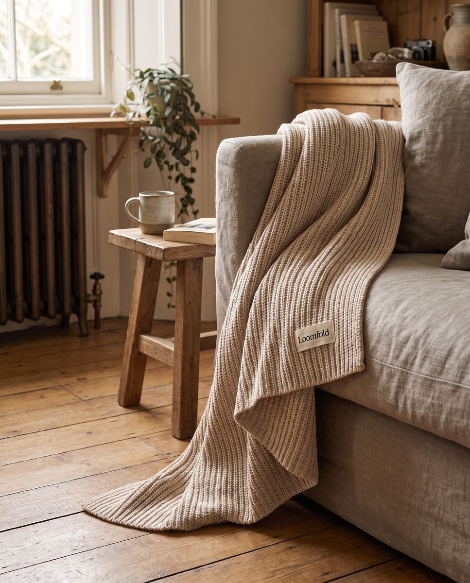 Finished lifestyle shot of the Loomfold throw over a sofa