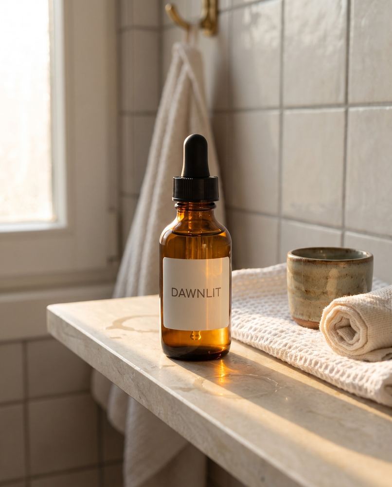 Dawnlit serum on a bathroom shelf